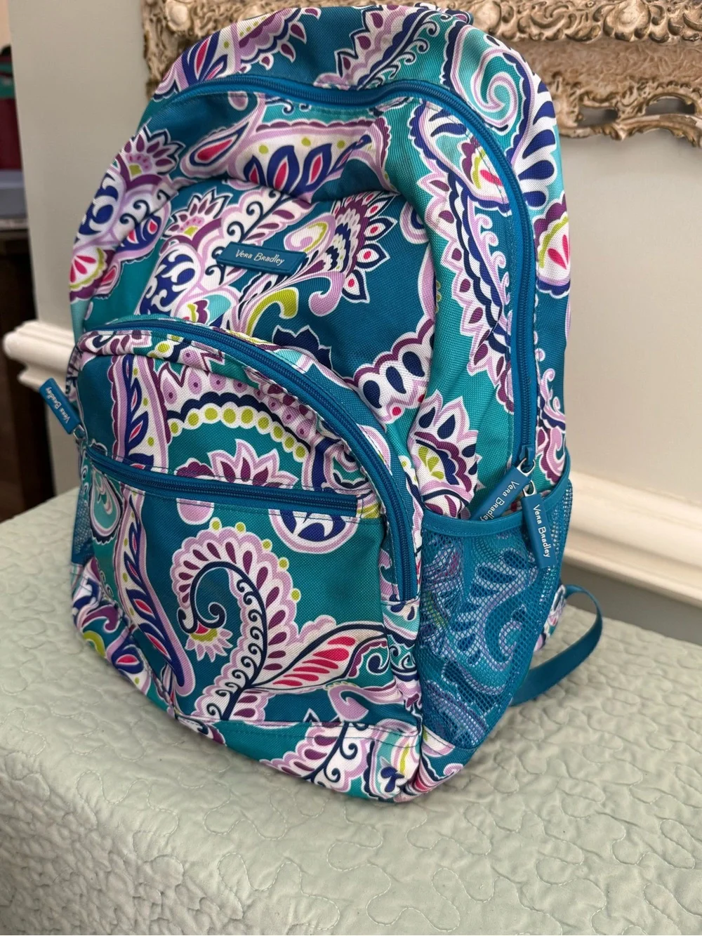 Vera Bradley Teal Paisley Print Backpack with Pink, Purple & Green Accents